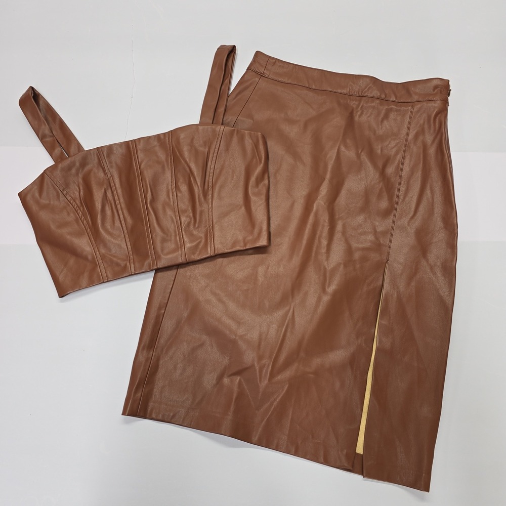 Jason Wu XS Brown Faux Leather 2 Piece Set Corset Bustier Top Pencil Skirt Slit